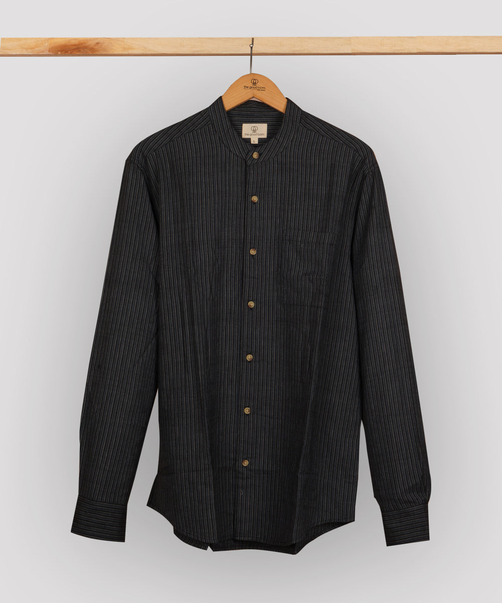 Dark blue stripes mandarin collar cotton shirt
