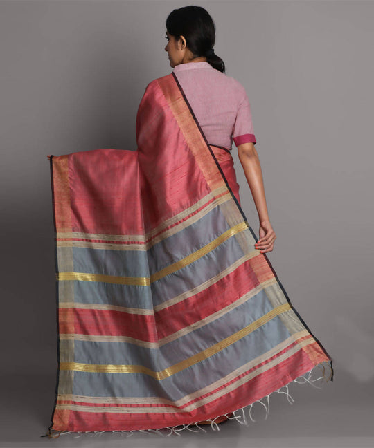 Peach pink handloom tussar silk saree