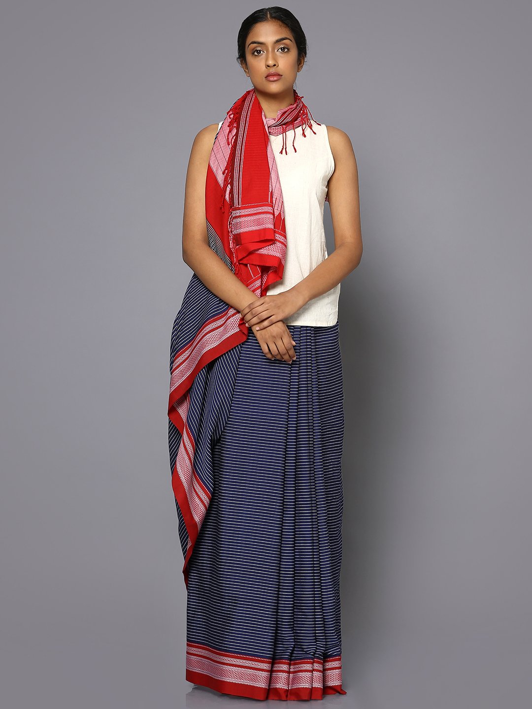 White striped blue ilkal cotton saree