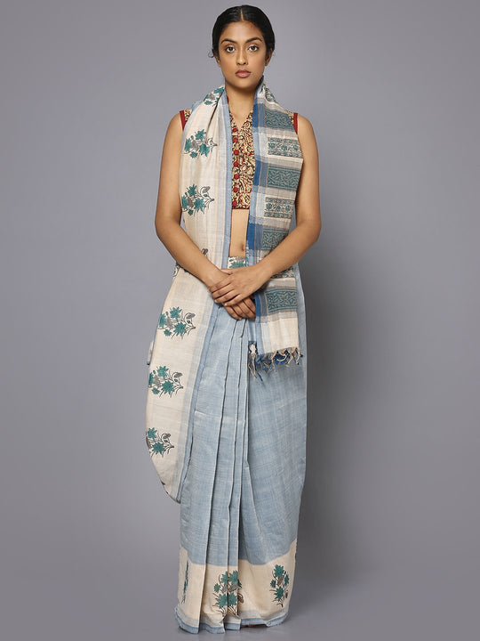 Powder blue block print cotton saree