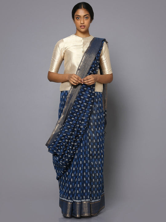 Blue silk cotton printed maheshwari saree