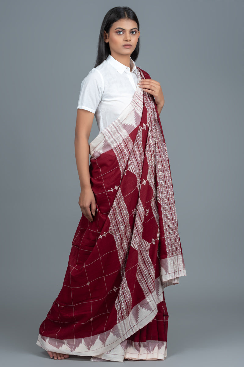 Maroon white handwoven cotton kotpad saree