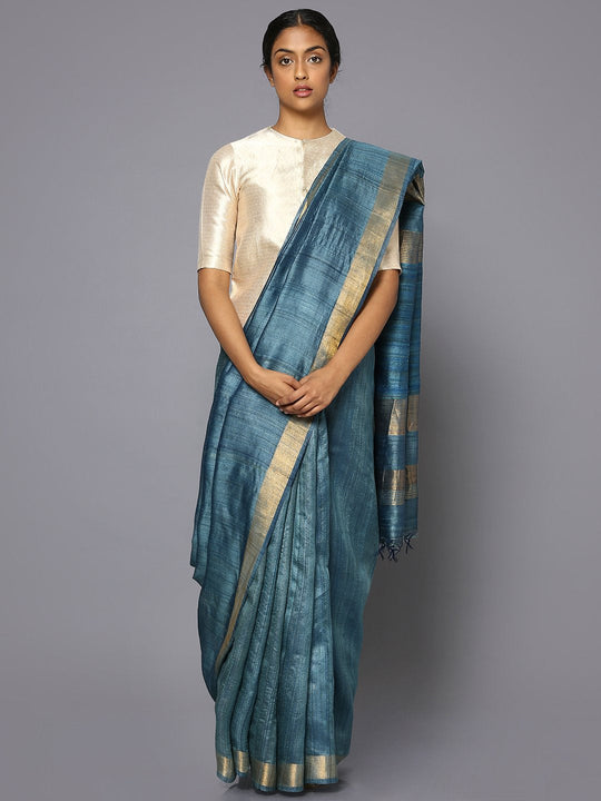 Midnight blue tussar silk saree