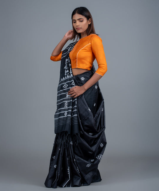Charcoal black handwoven jala gopalpur tussar saree