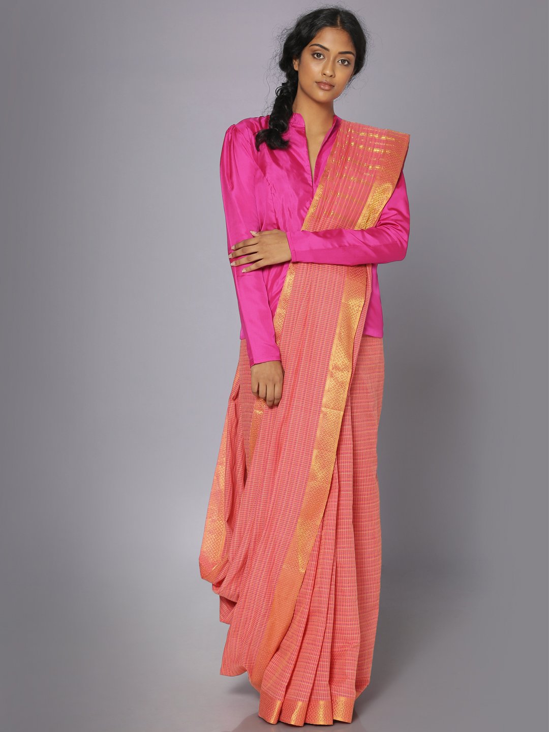 Coral pink mangalgiri cotton saree