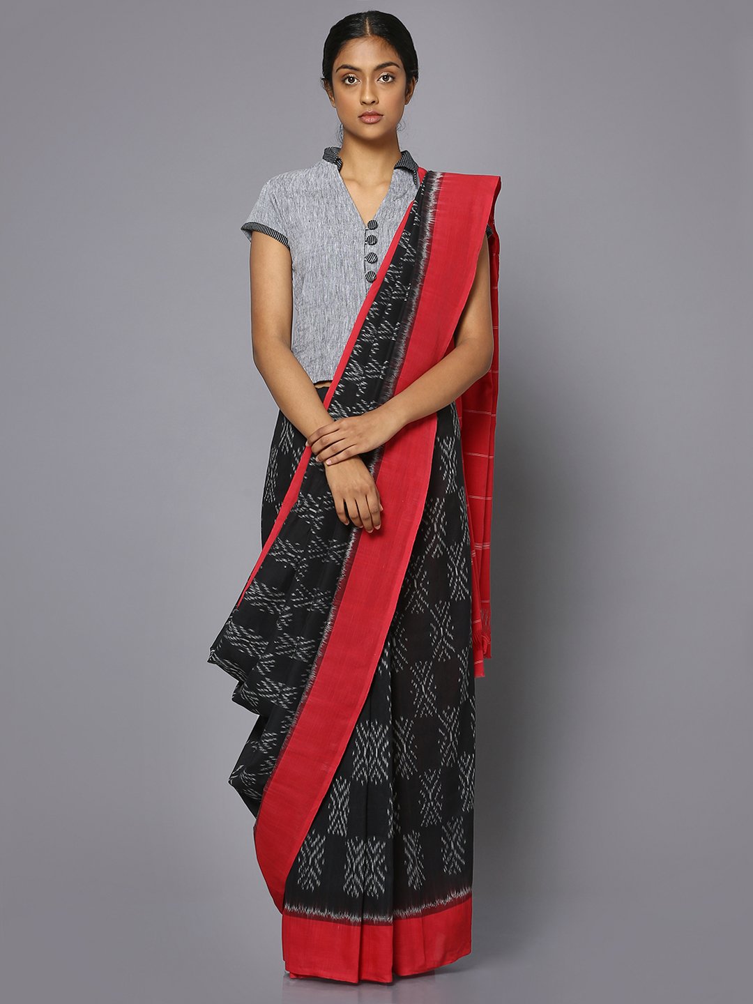 Black & red ikat cotton saree