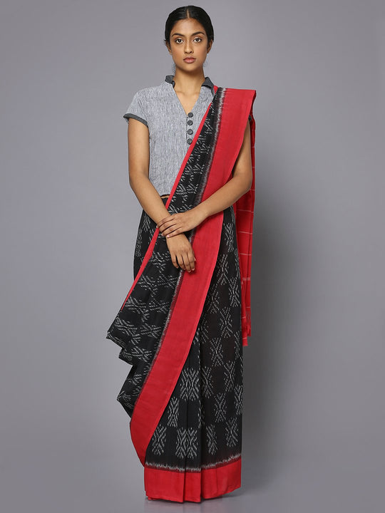 Black & red ikat cotton saree
