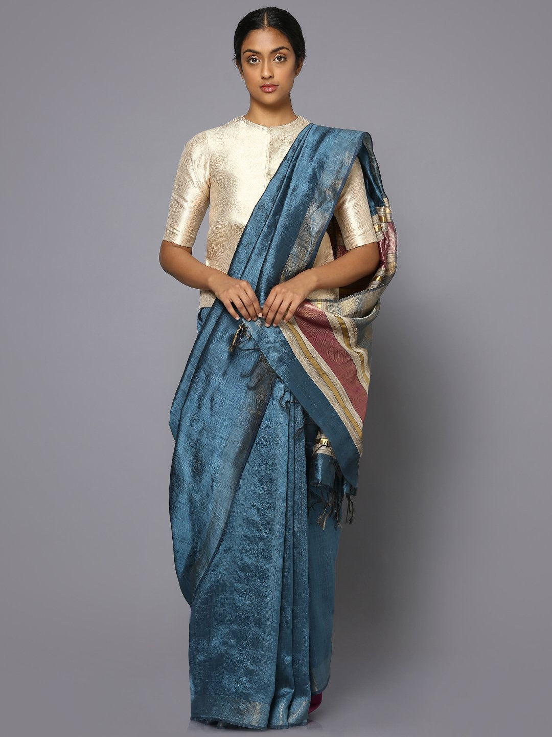 Ocean blue tussar silk saree