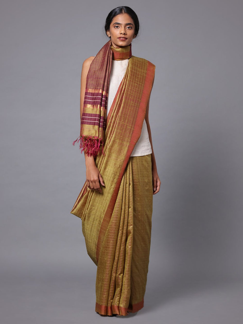 Olive green handloom tussar silk saree