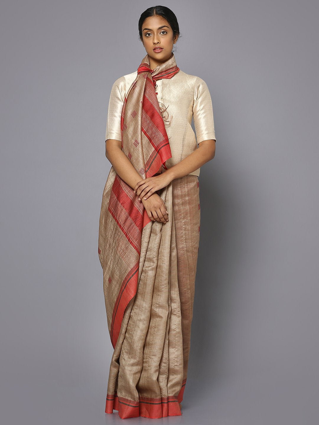 Beige & red tussar silk saree