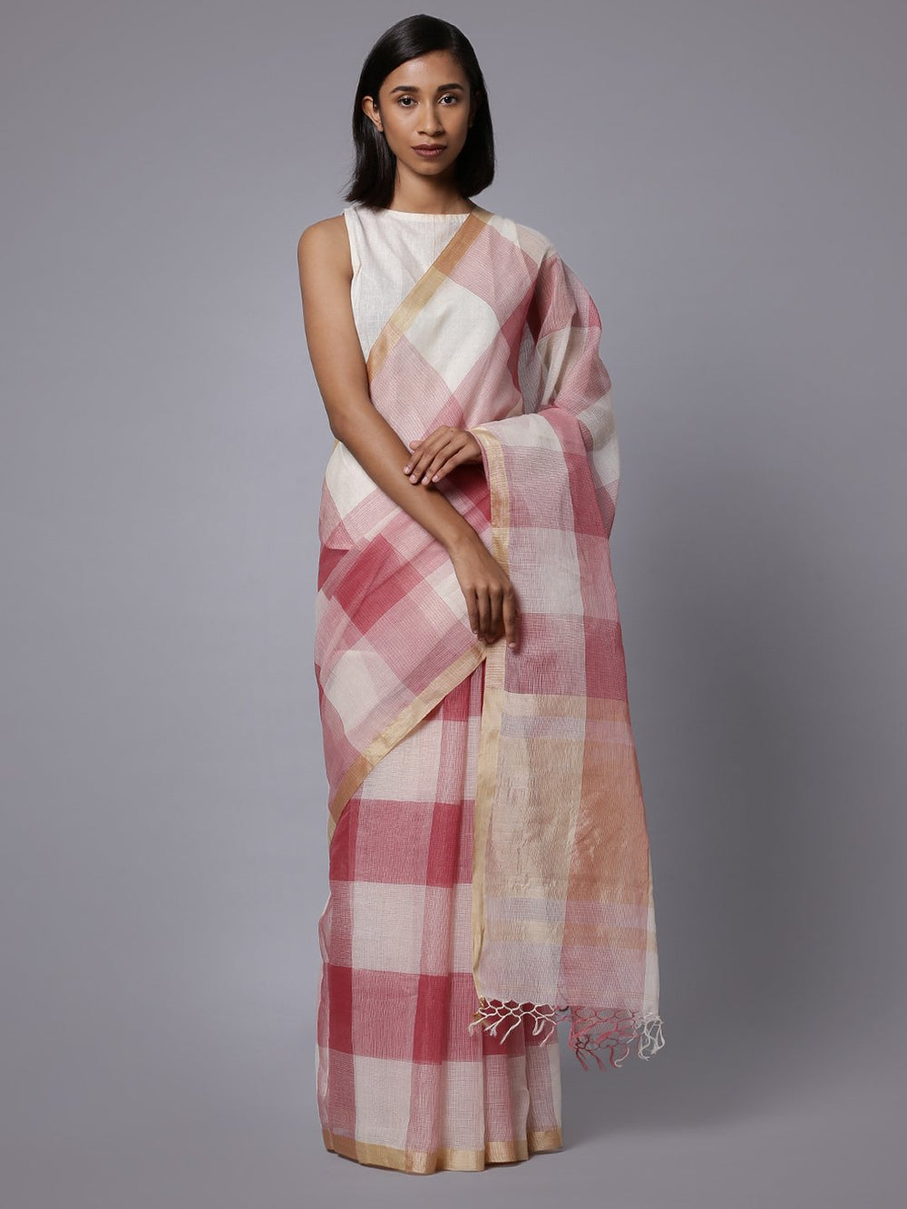 Peach white checks handloom cotton silk saree