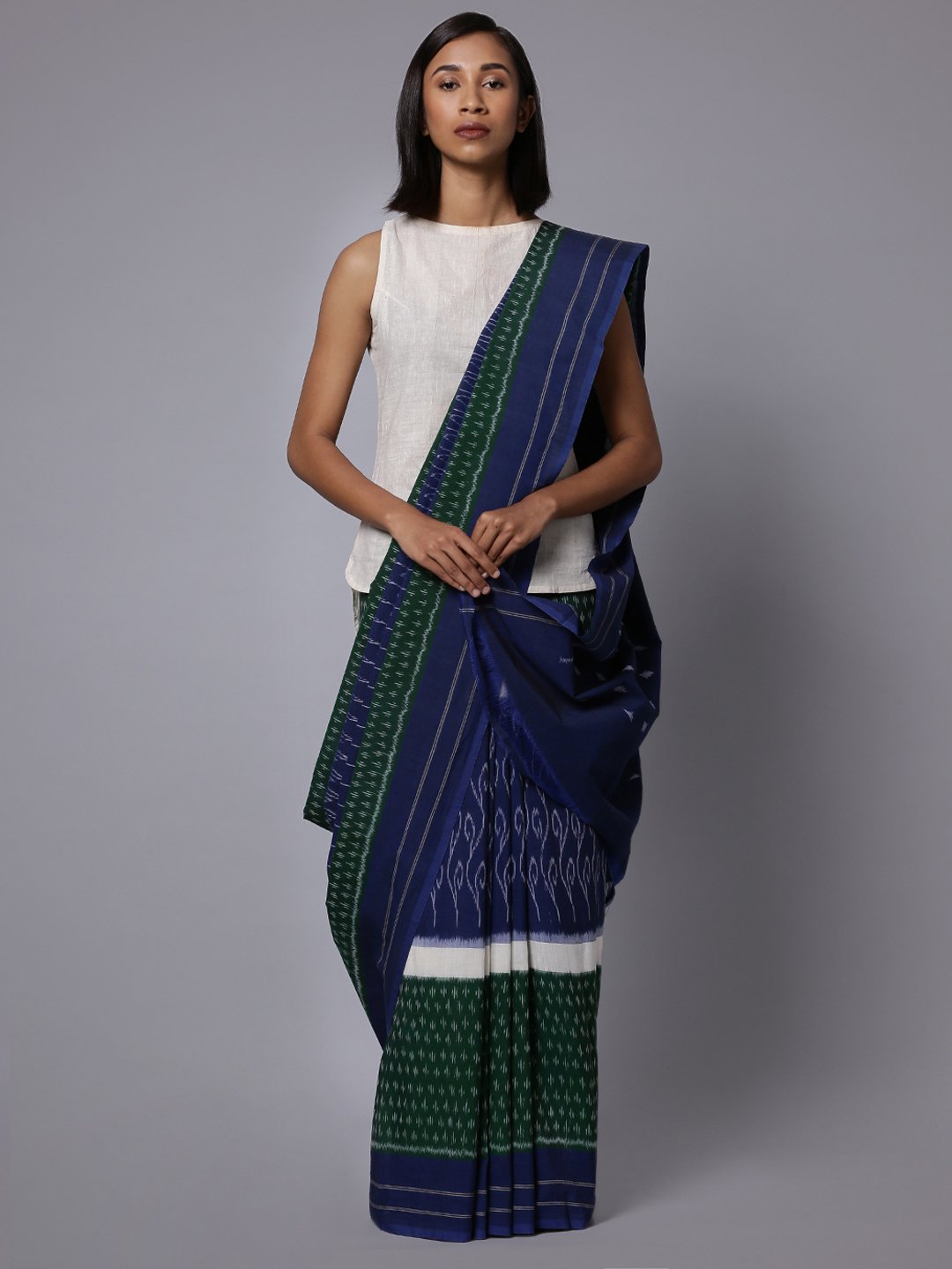 Blue green ikat handloom cotton saree