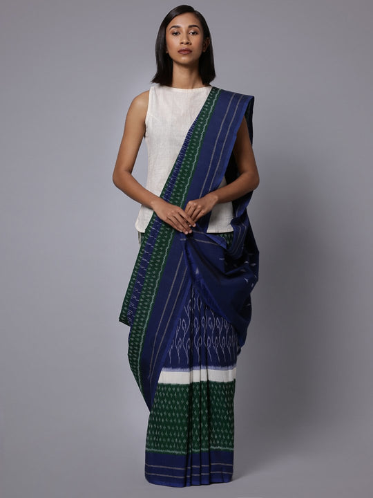 Blue green ikat handloom cotton saree