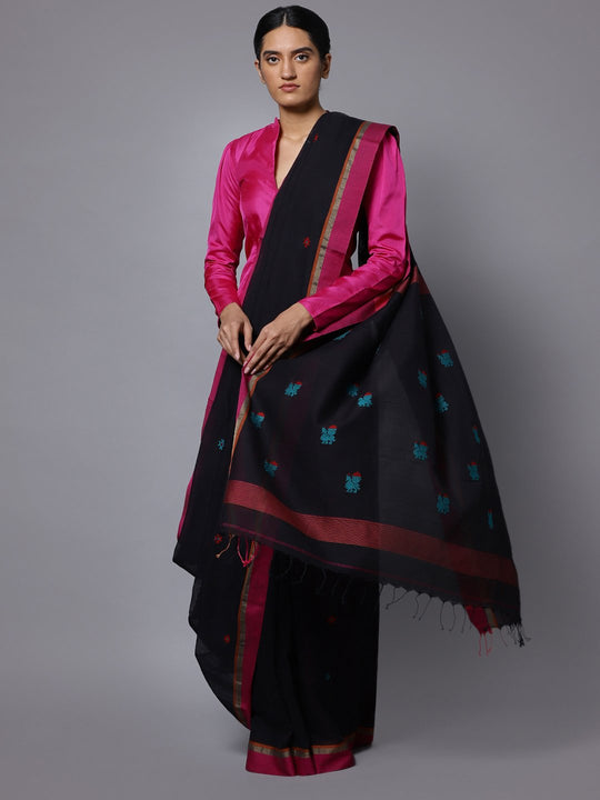 Black phulia jamdani handloom cotton saree
