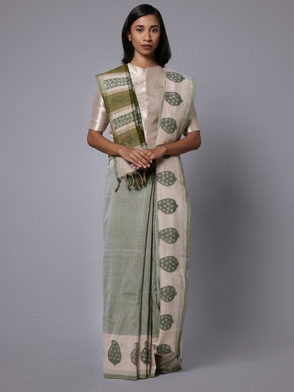 Light green handblock printed cotton saree