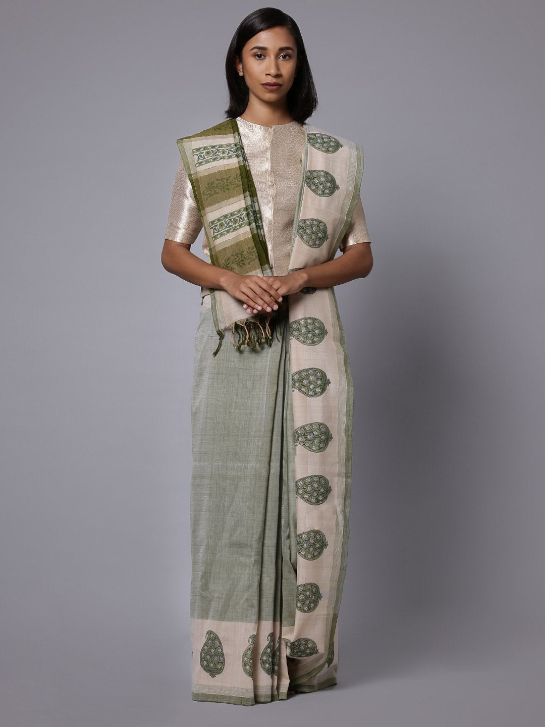 Light green handblock printed cotton saree