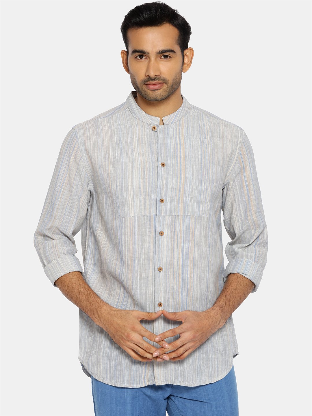 Light blue striped mandarin collar shirt