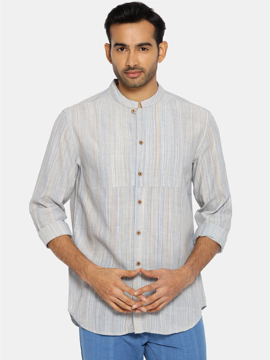 Light blue striped mandarin collar shirt