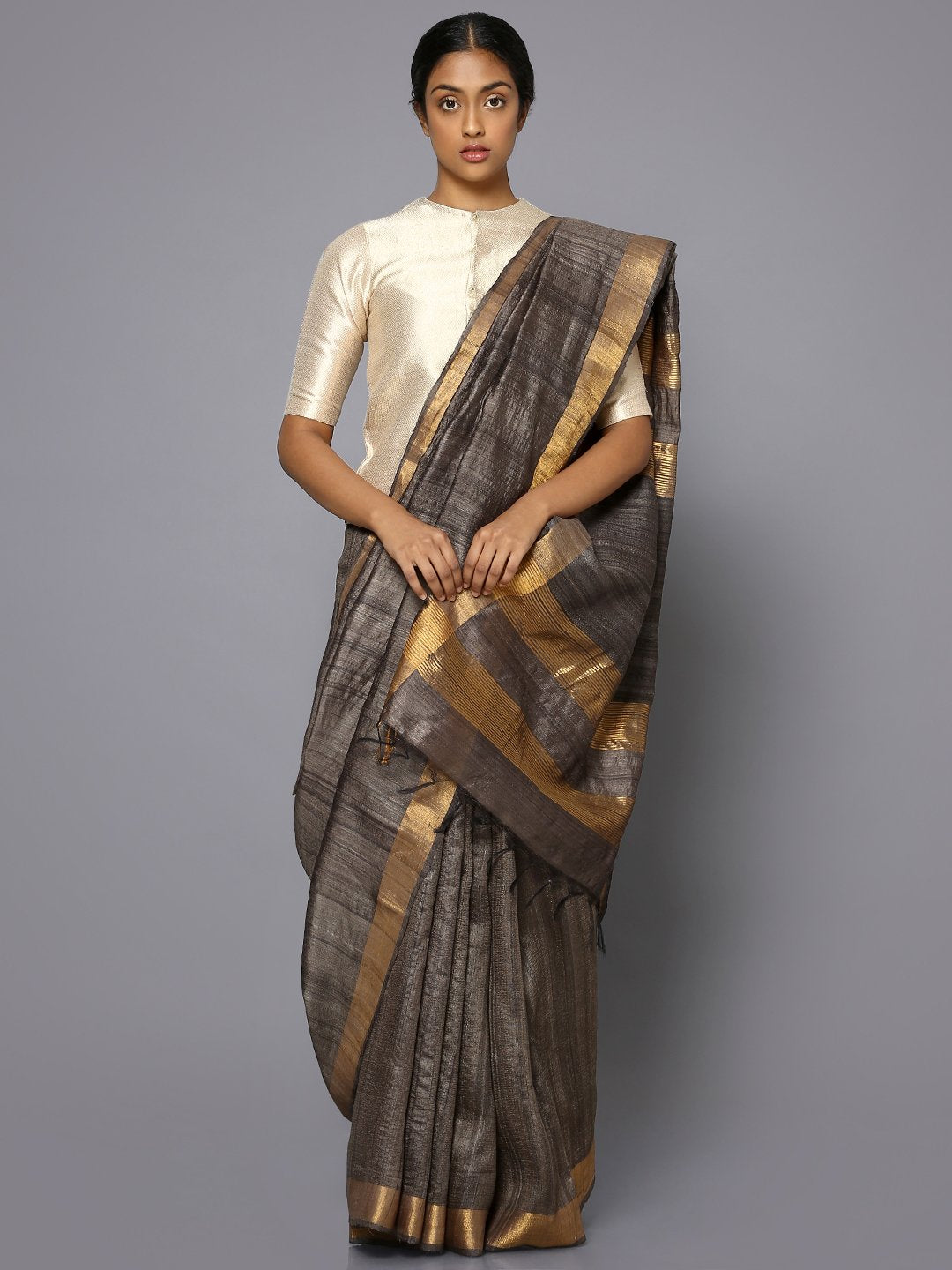 Copperish grey tussar silk saree