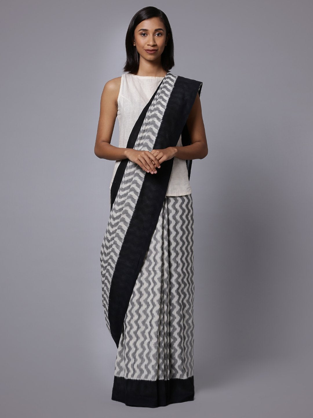 Grey white ikat handloom cotton saree