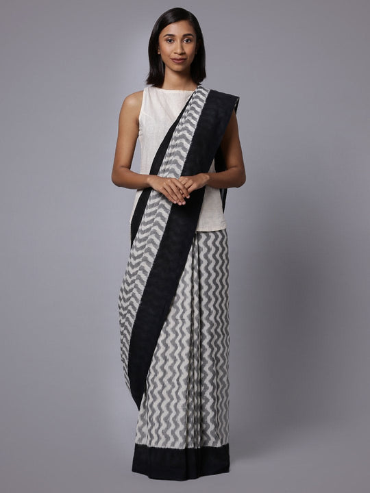 Grey white ikat handloom cotton saree