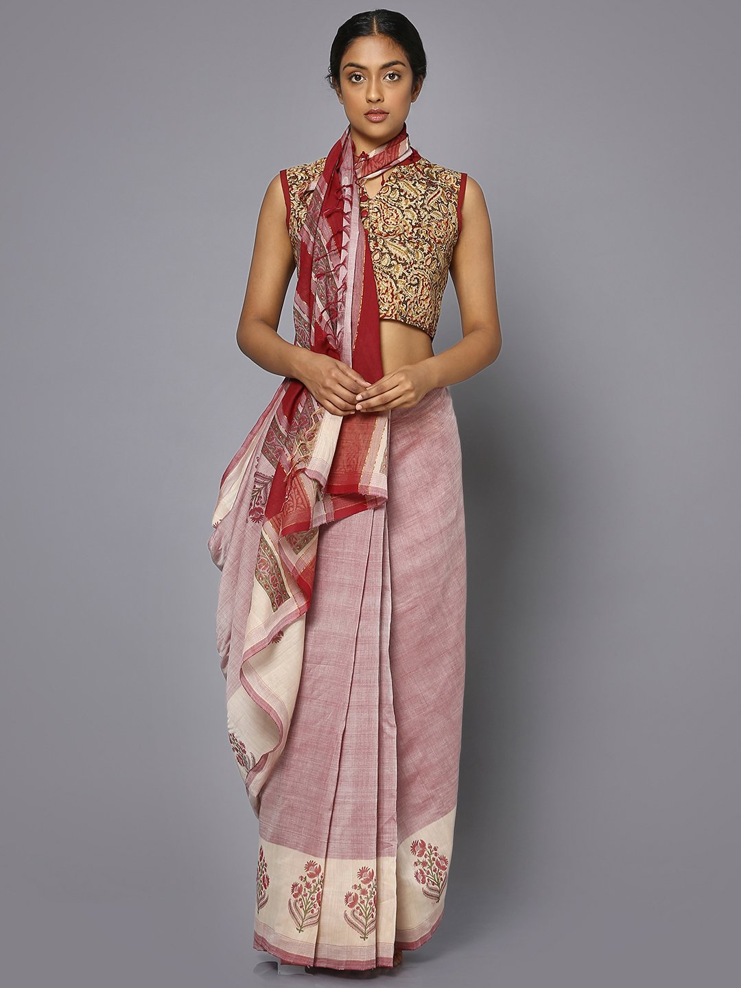 Light maroon block print cotton saree