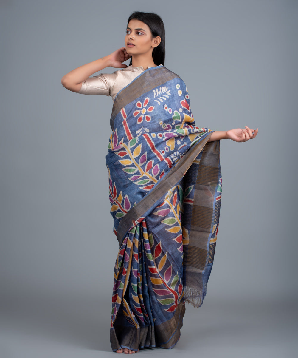 Blue mulberry silk hand painted batik saree