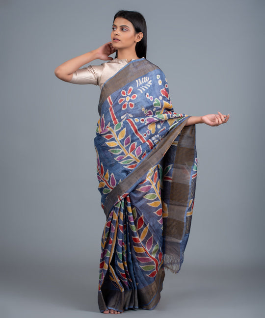 Blue mulberry silk hand painted batik saree