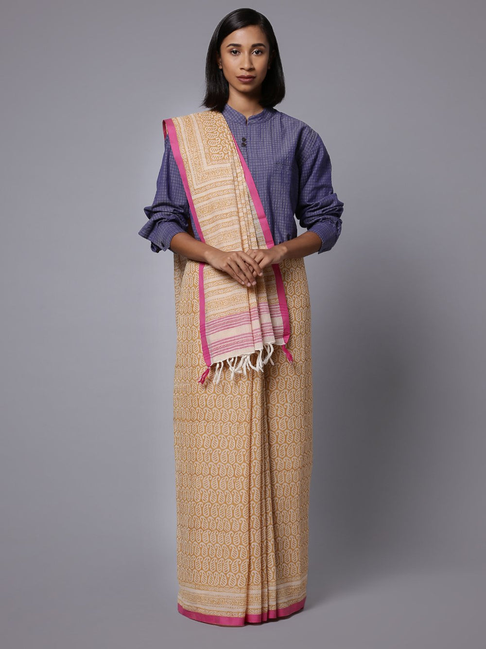 Cream brown handblock printed cotton saree