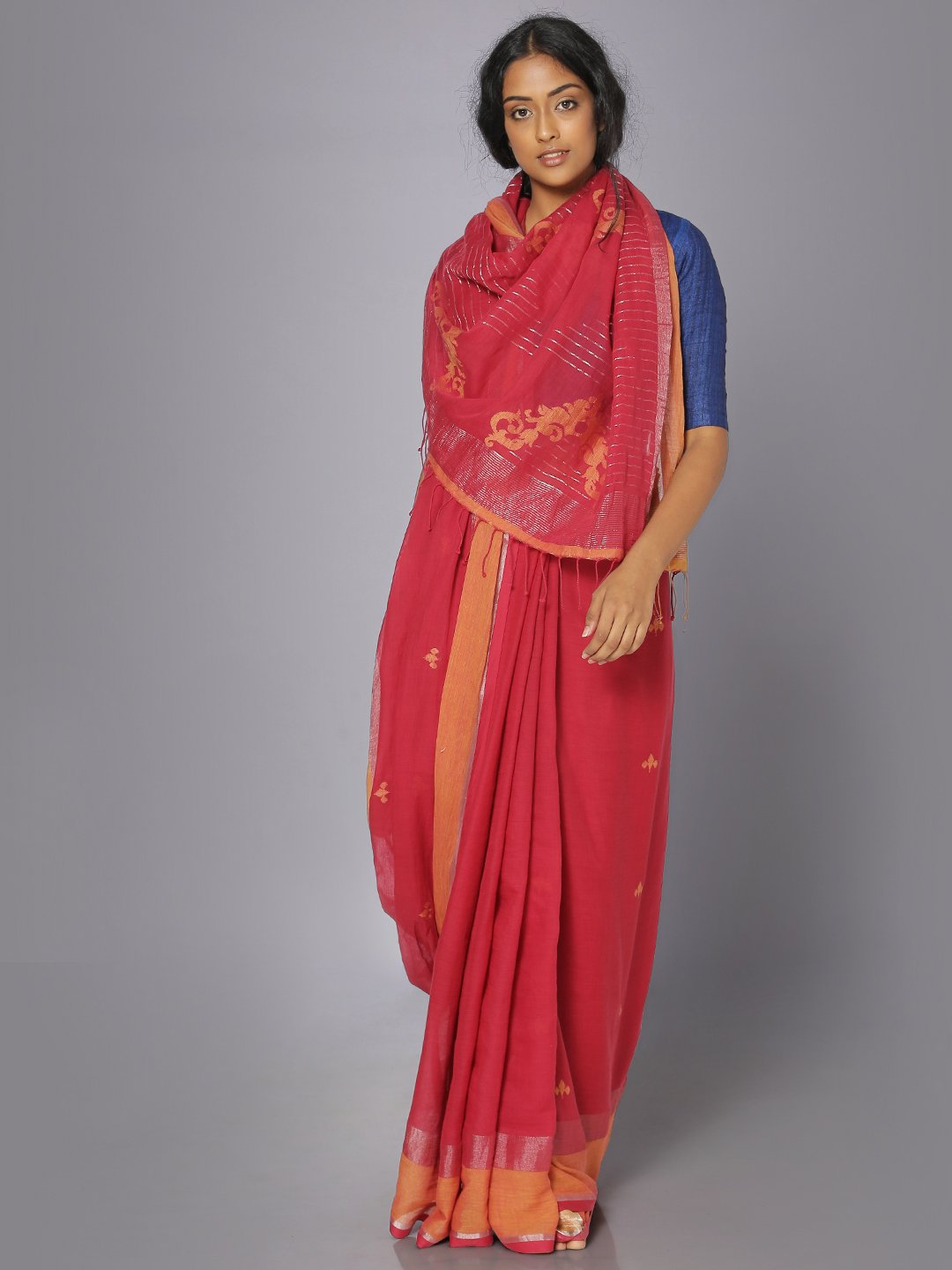 Red muslin jamdani saree