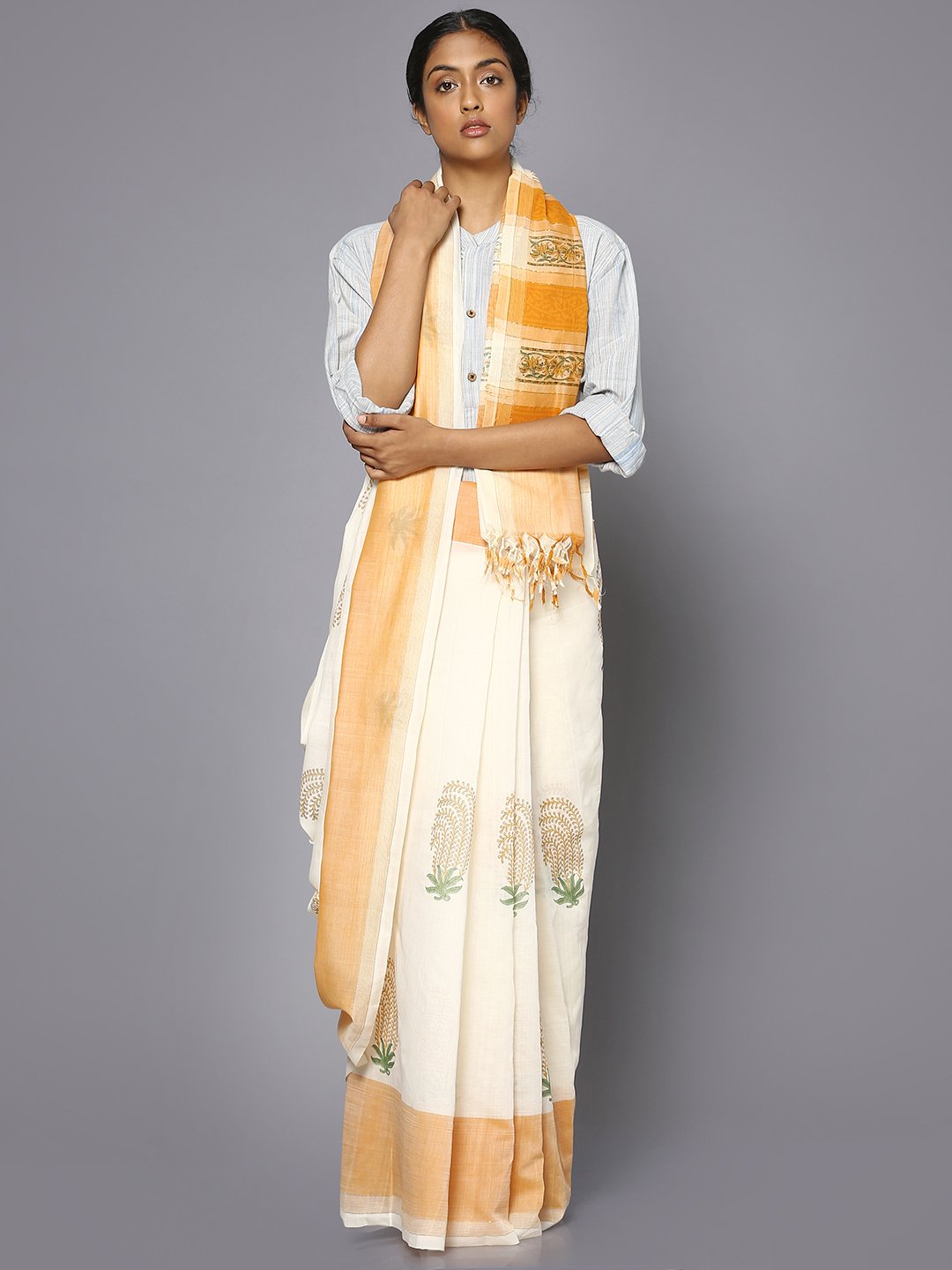 White block print cotton saree