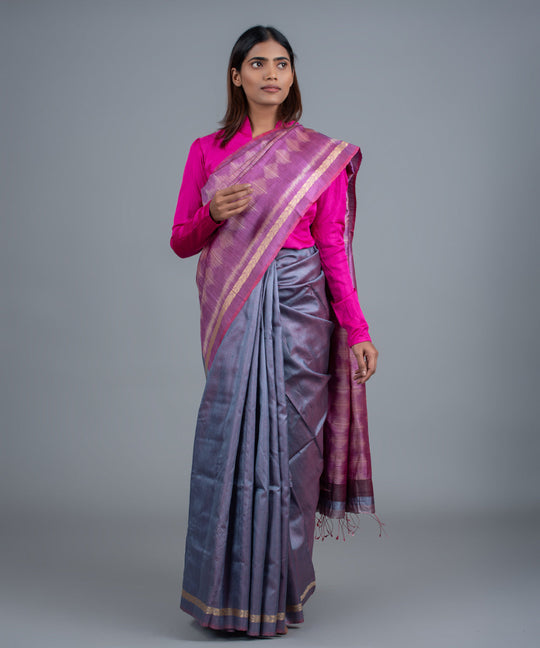 Grey mauve handwoven ikat gopalpur tussar silk saree