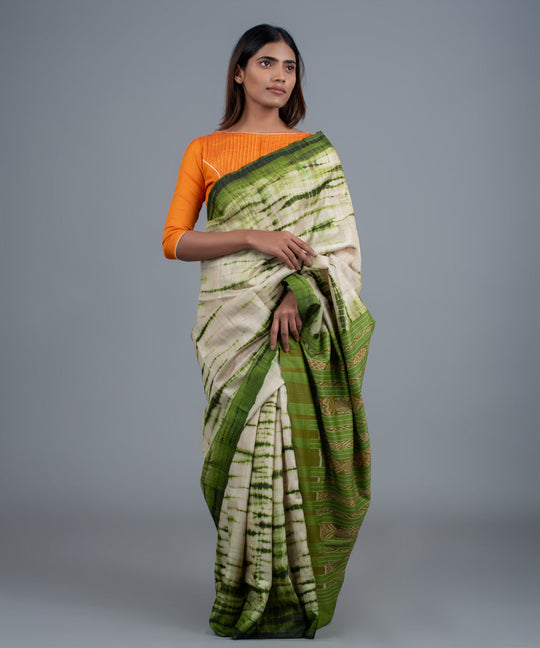 Green handspun shibori ikat gopalpur tussar silk saree