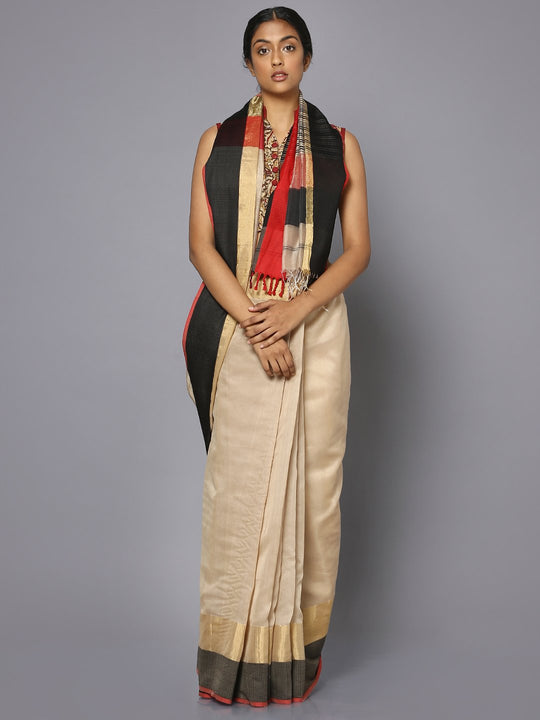 Beige silk cotton maheshwari saree