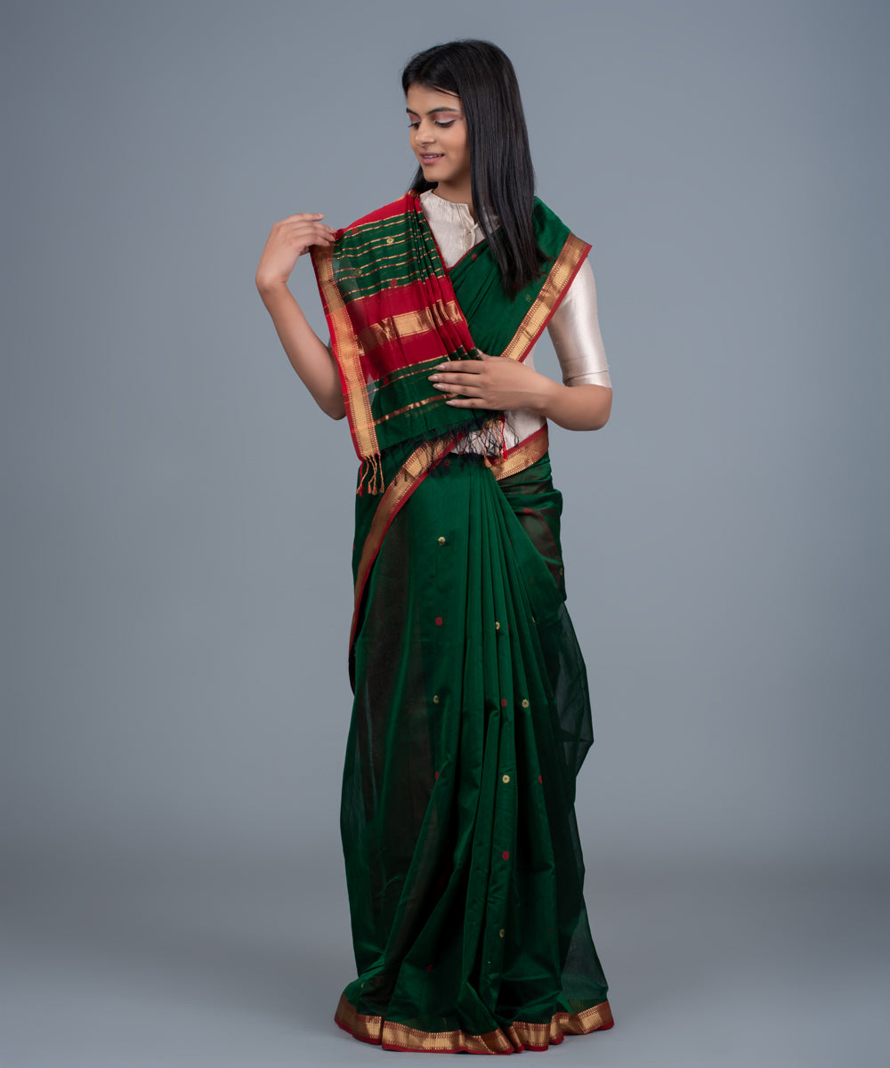 Green red handwoven maheshwari cotton silk saree
