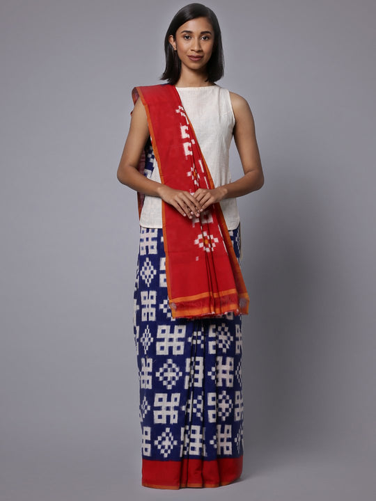 Blue red ikat handloom cotton saree