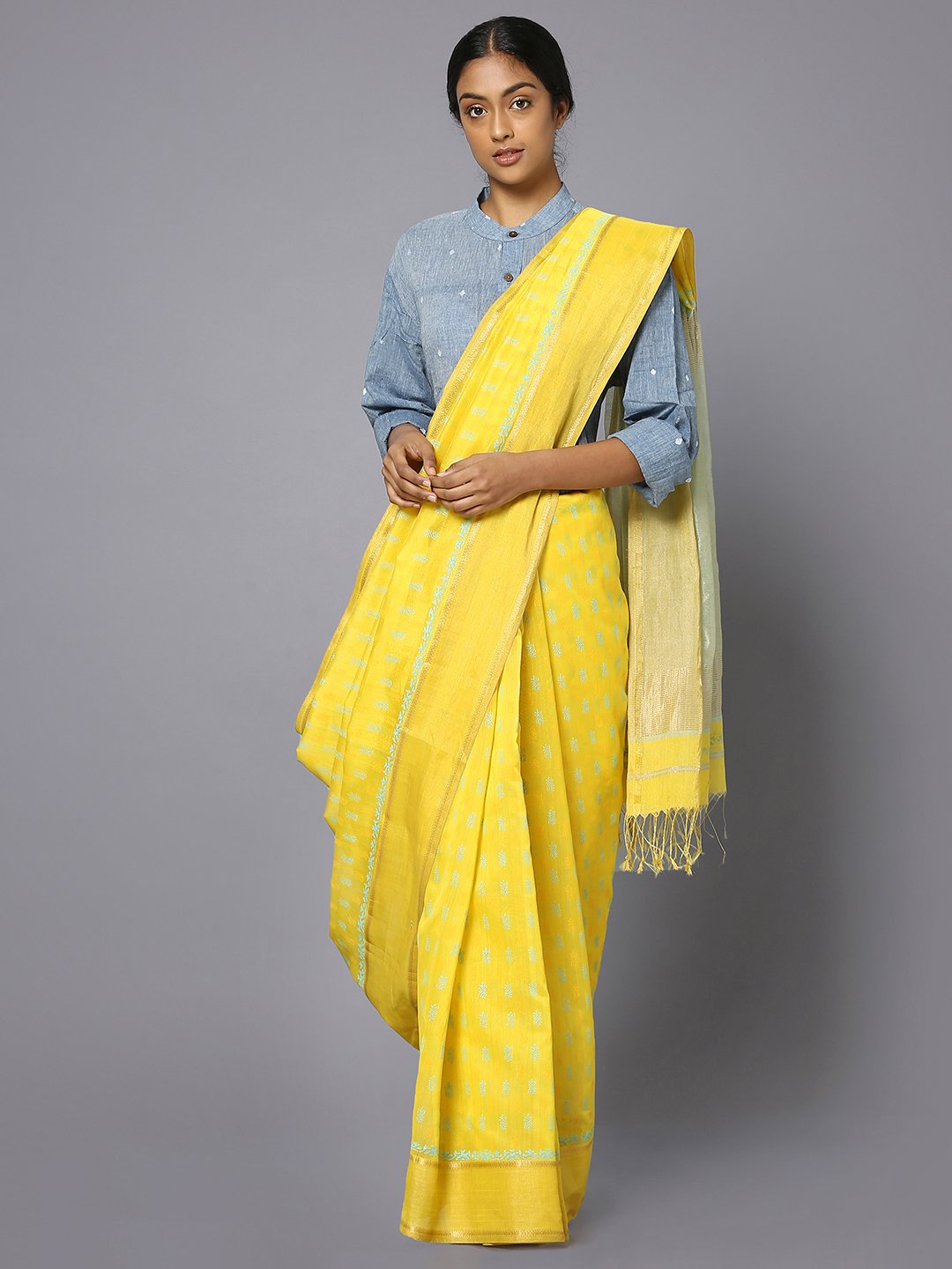 Yellow silk cotton printed maheshwari saree