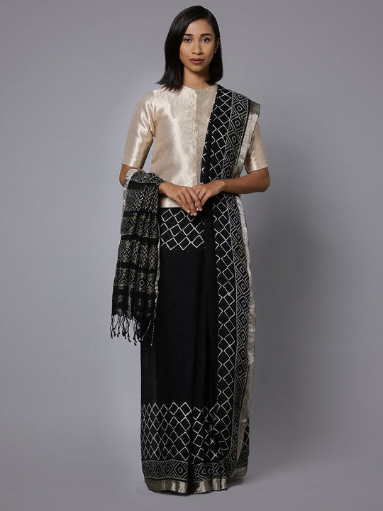 Jet black handblock print linen saree