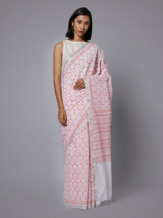 White pink cotton handblock print saree