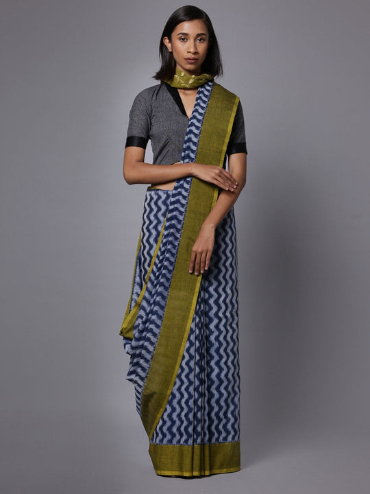 Ikat blue grey handloom cotton saree