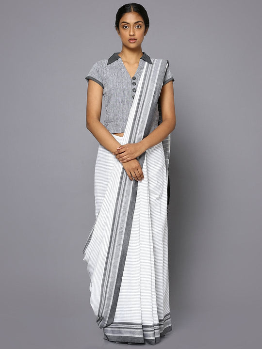 Grey striped white ilkal cotton saree