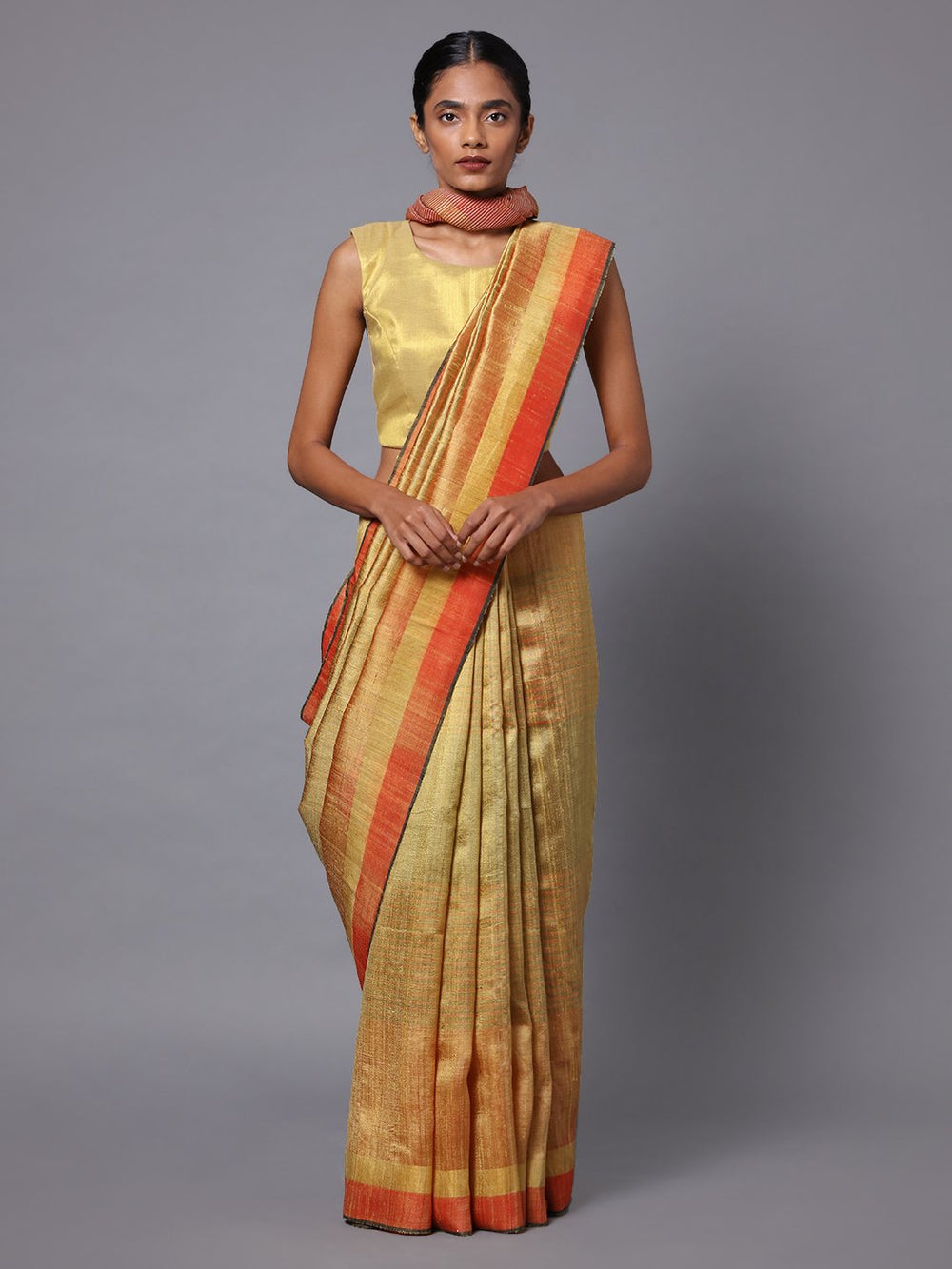 Bronze gold handloom tussar silk saree