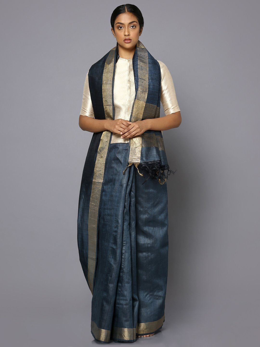 Blue tussar silk saree