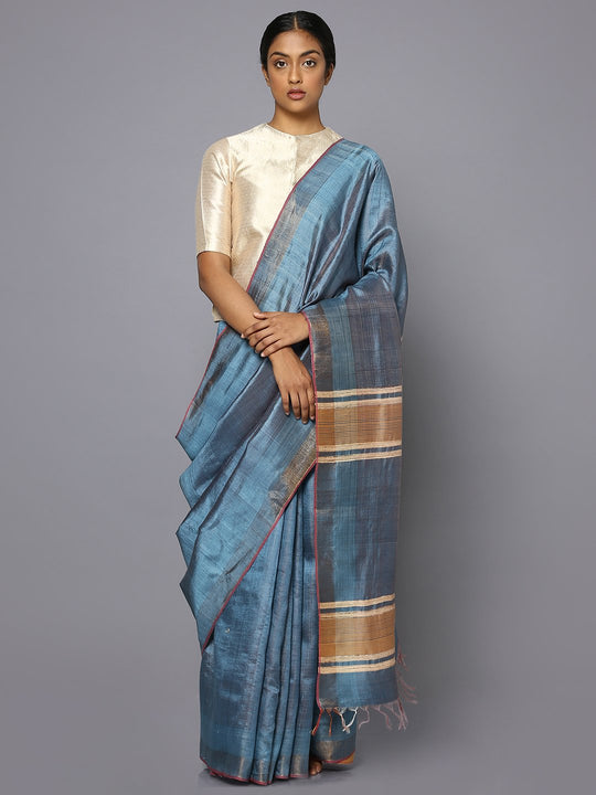 Blue grey tussar silk saree