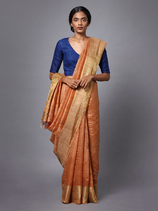 Light orange handloom tussar silk saree