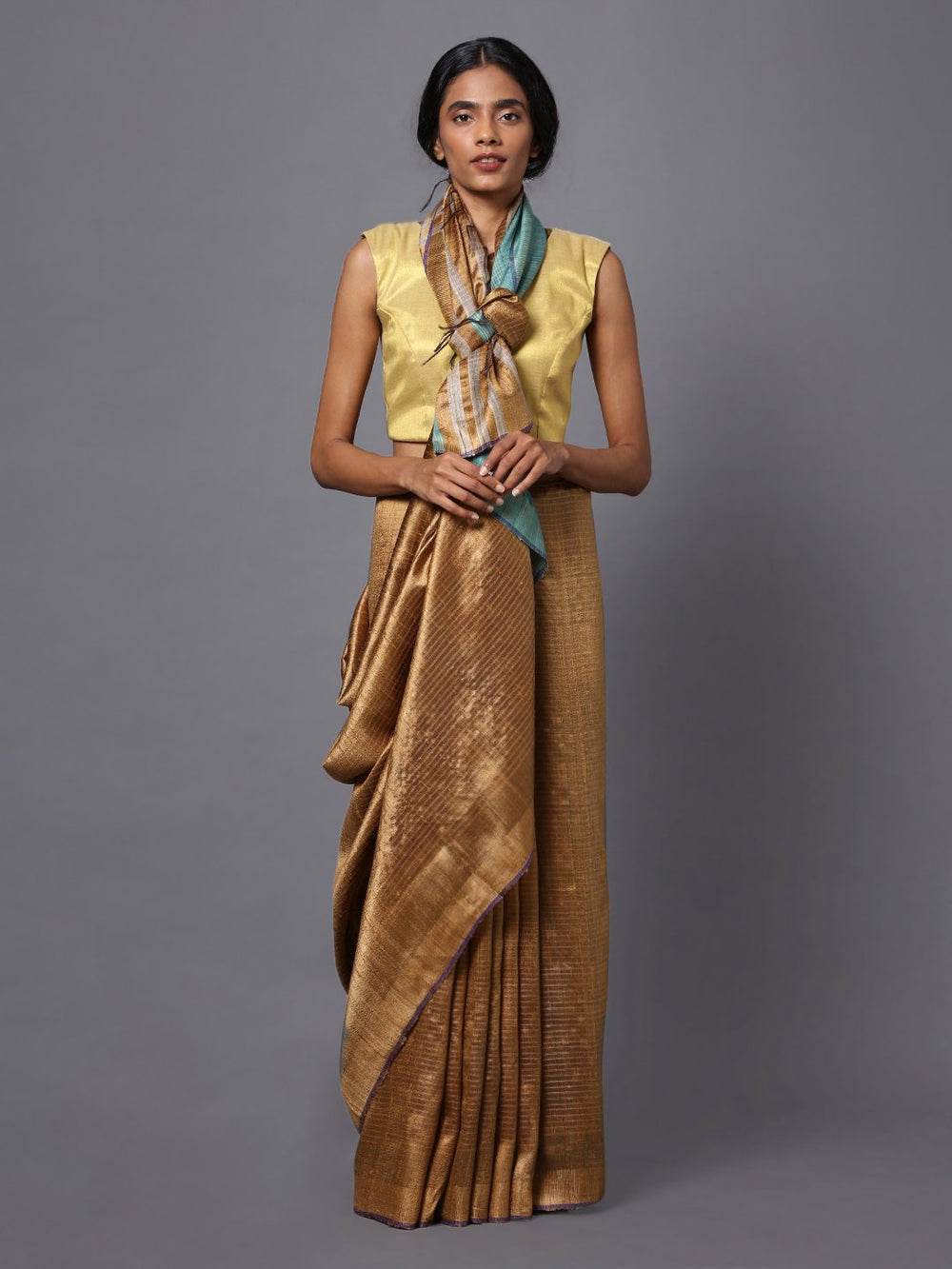 Golden brown handloom tussar silk saree