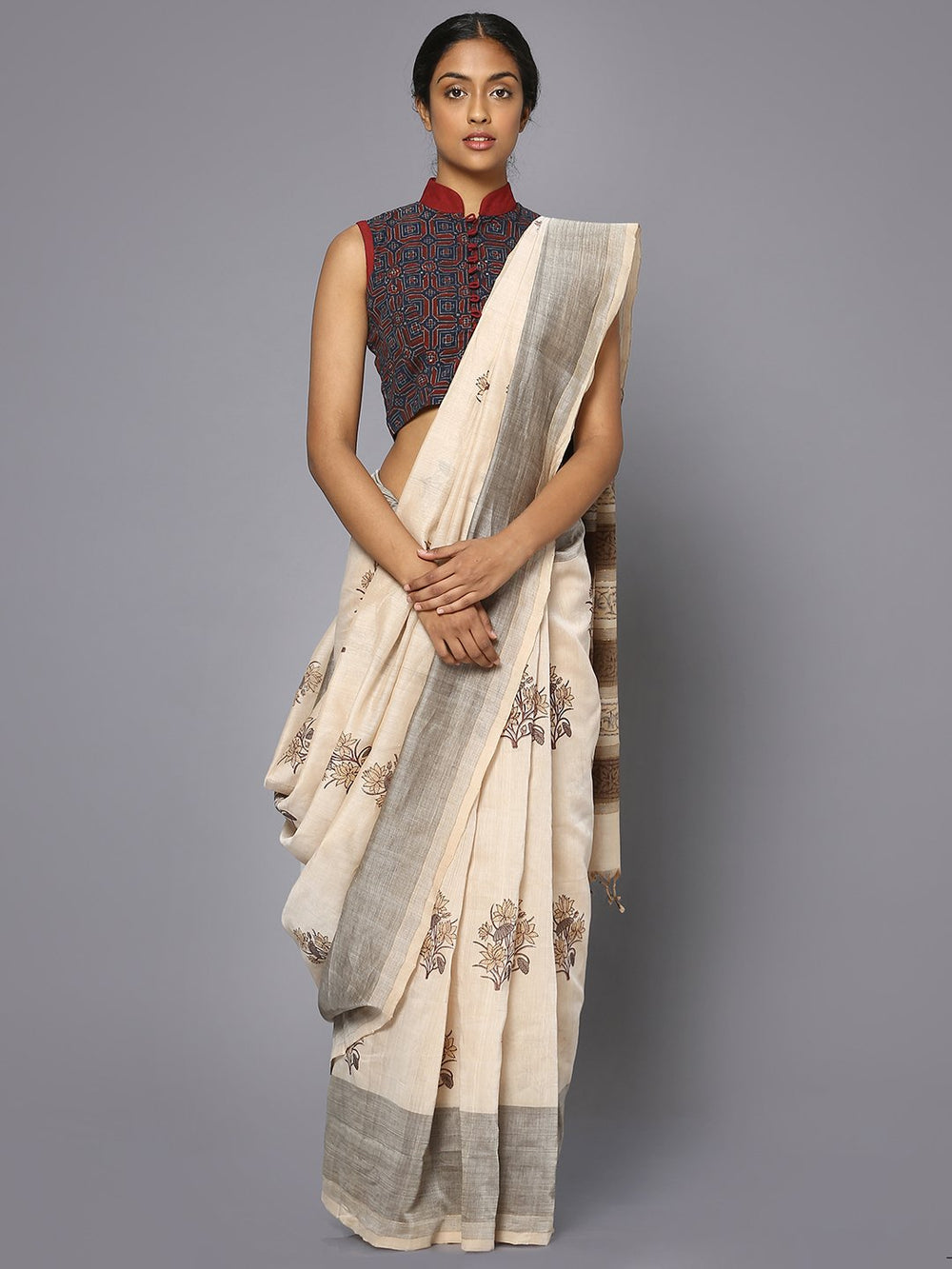 Off white & brown block print cotton saree