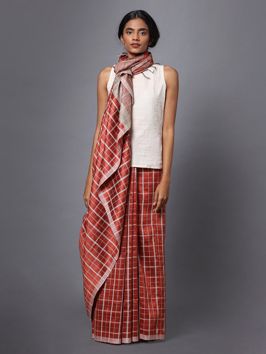 Rust brown checks handloom tussar silk saree