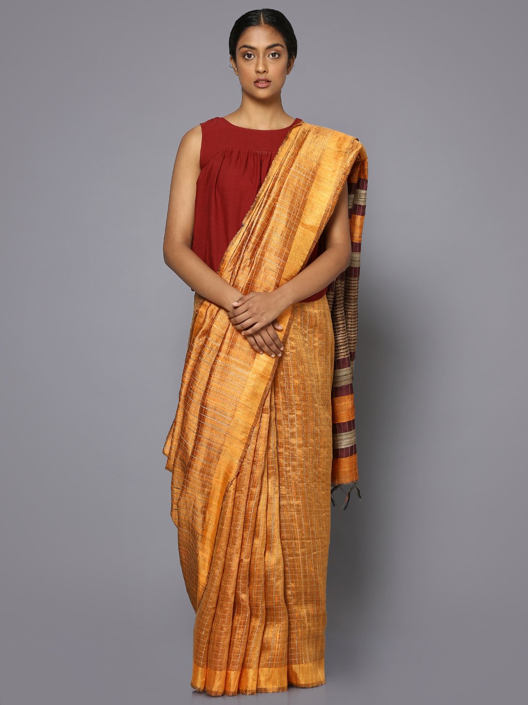 Orange tussar silk saree