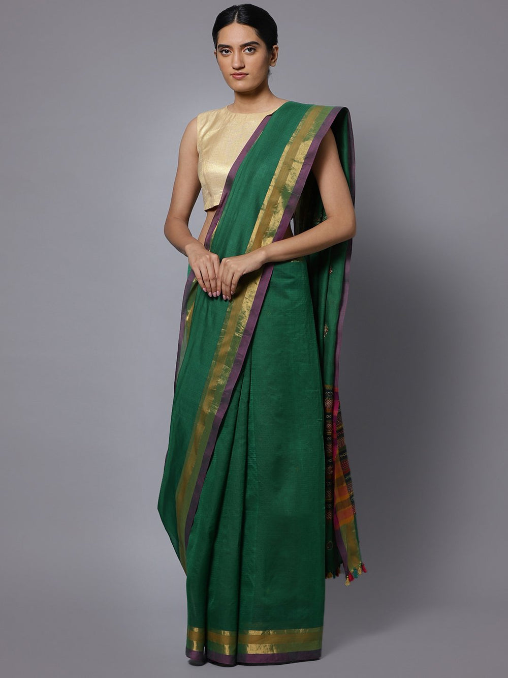 Dark green hand embroidery cotton saree